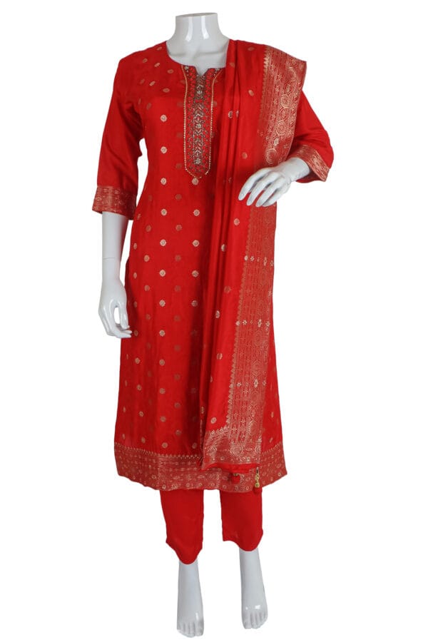 Red Dhola Silk 3 Pcs Straight Kurti