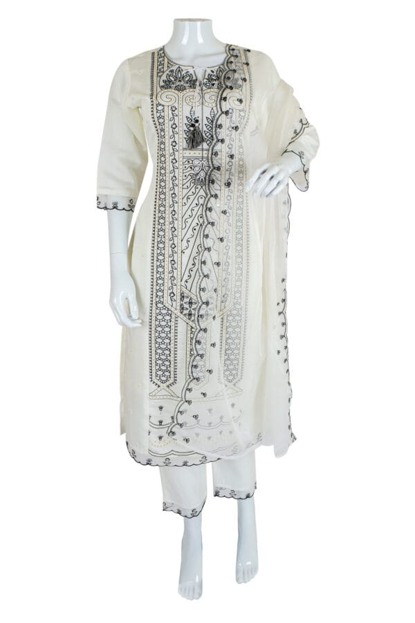 White Roman Silk 3 Pcs Straight Kurti