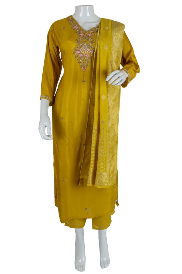 Yellow Dhola Silk 3 Pcs Straight Kurti