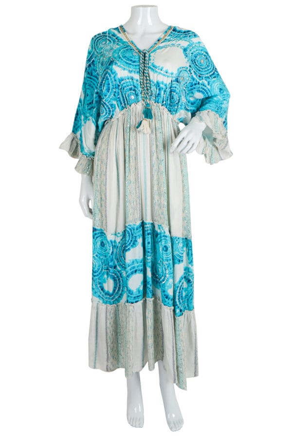 Turquoise Bohemian Maxi Dress with Braided Tassels