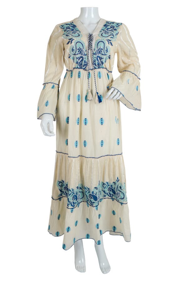 Cream Dress with Blue Embroidery