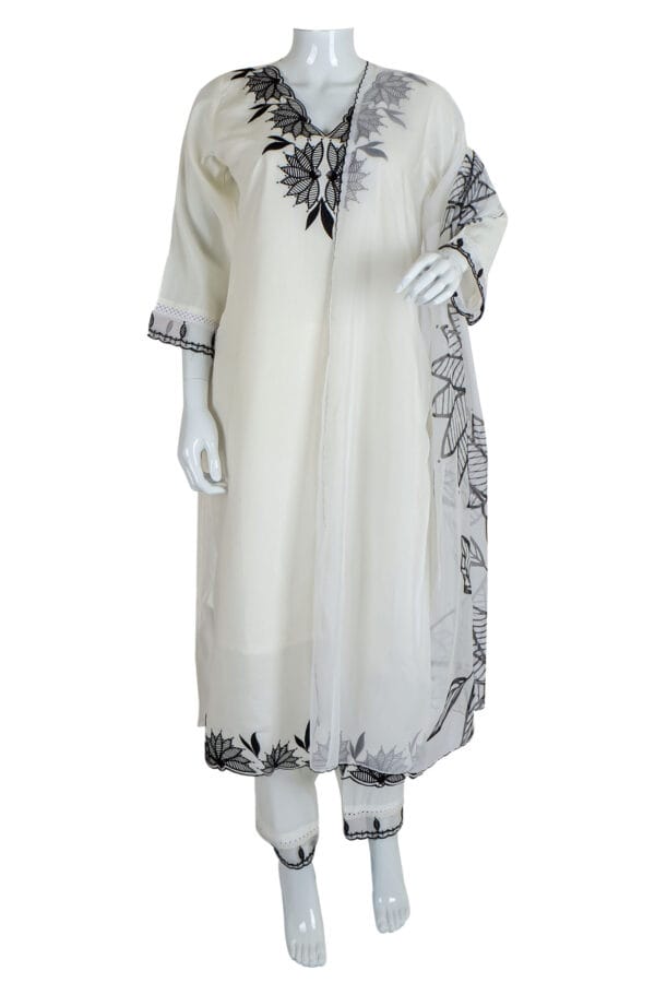 Cream Roman Silk 3 Pcs Straight Kurti