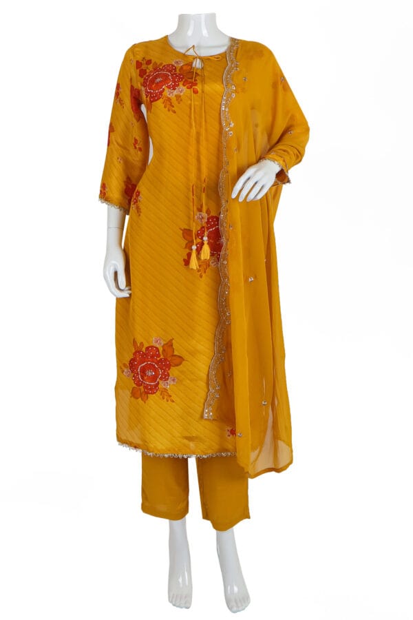 Mustard Yellow Shimmer Silk 3 Pcs Straight Kurti