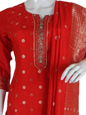 Red Dhola Silk 3 Pcs Straight Kurti