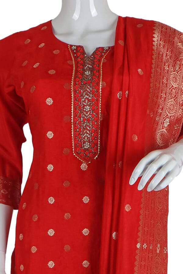 Red Dhola Silk 3 Pcs Straight Kurti