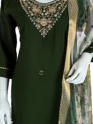 Deep Green Roman Silk 3 Pcs Straight Kurti