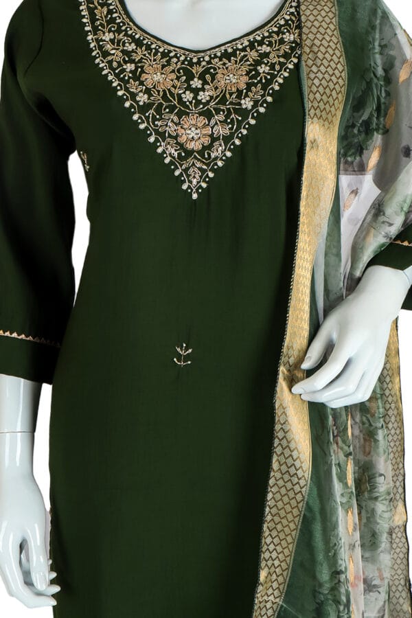 Deep Green Roman Silk 3 Pcs Straight Kurti