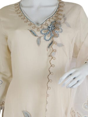 Cream Roman Silk 3 Pcs Straight Kurti
