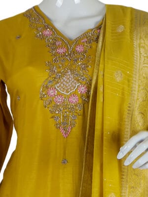 Yellow Dhola Silk 3 Pcs Straight Kurti