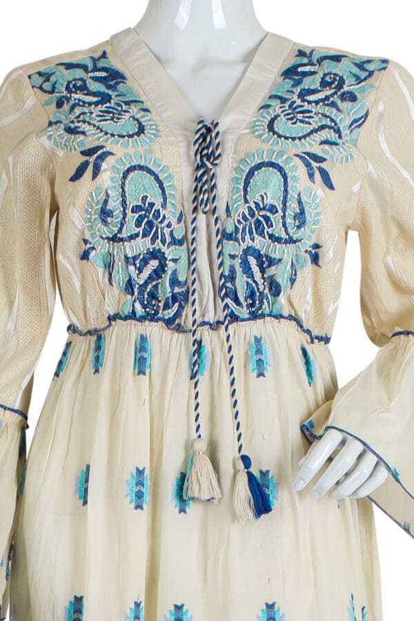 Cream Dress with Blue Embroidery