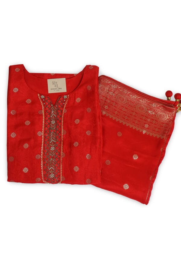 Red Dhola Silk 3 Pcs Straight Kurti