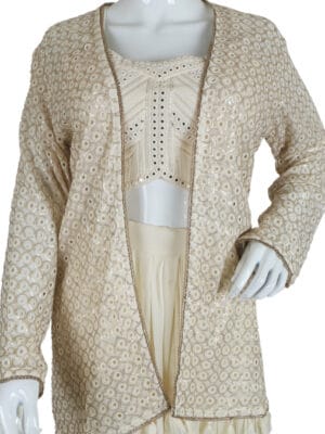 Beige Georgette Jacket with Matching Crop Top and Skirt