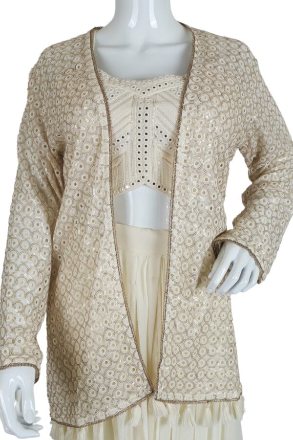 Beige Georgette Jacket with Matching Crop Top and Skirt