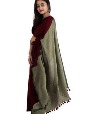 Maroon Saree with Olive Green Pallu