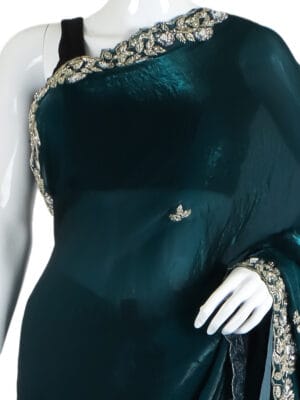 Dark Green Silk Saree with Silver Embroidery