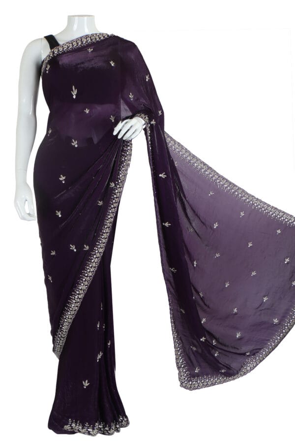 Majestic Dark Purple Silk Saree with Glittering Embellishments