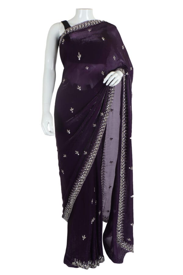 Majestic Dark Purple Silk Saree with Glittering Embellishments