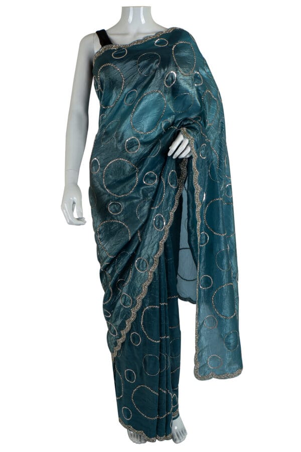 Teal Crinkled Silk Saree with Silver Geometric Motifs