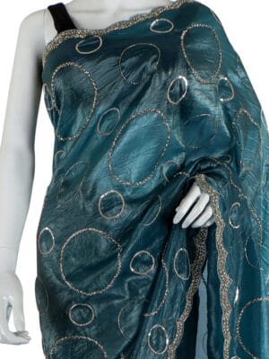 Teal Crinkled Silk Saree with Silver Geometric Motifs