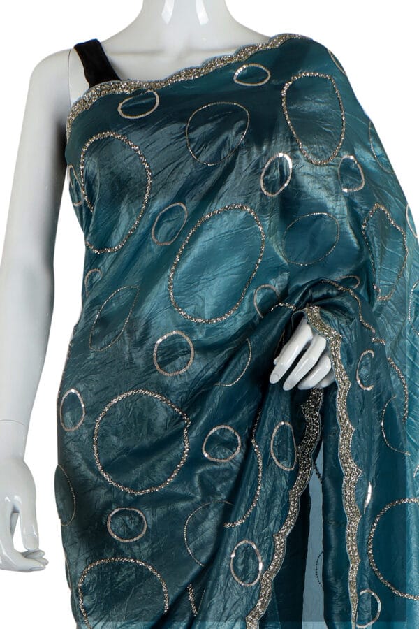 Teal Crinkled Silk Saree with Silver Geometric Motifs