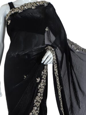 Elegant Black Saree with Intricate Silver Embroidery