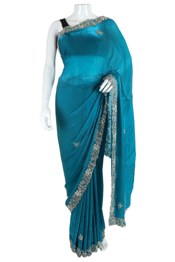 Teal Silk Saree with Silver Embroidery