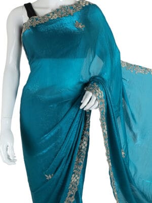 Teal Silk Saree with Silver Embroidery