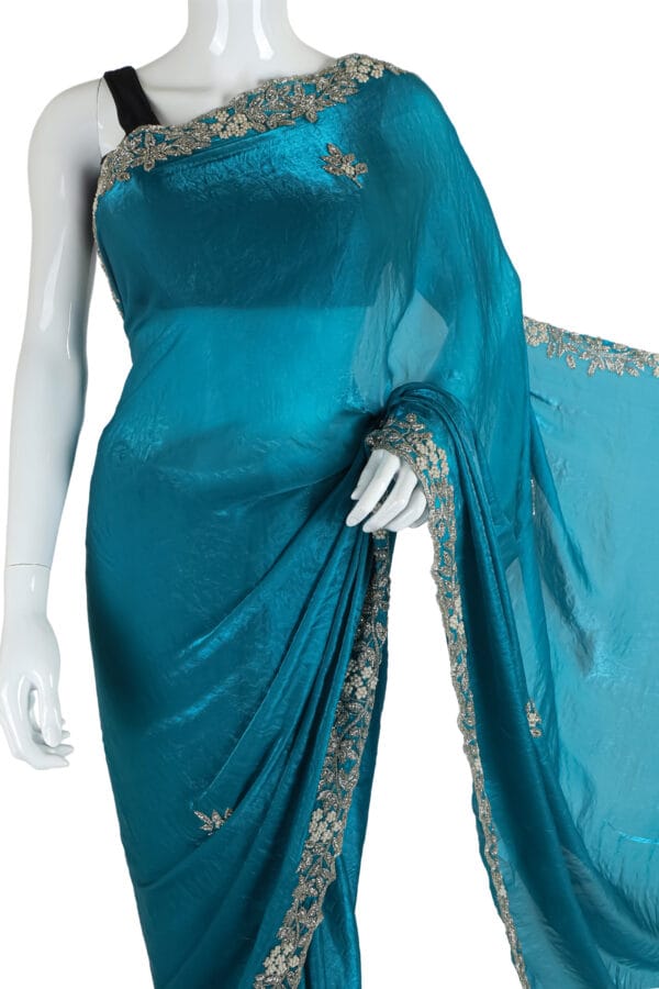 Teal Silk Saree with Silver Embroidery