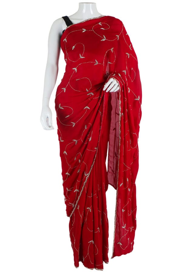 Red Silk Saree with Silver Embroidery