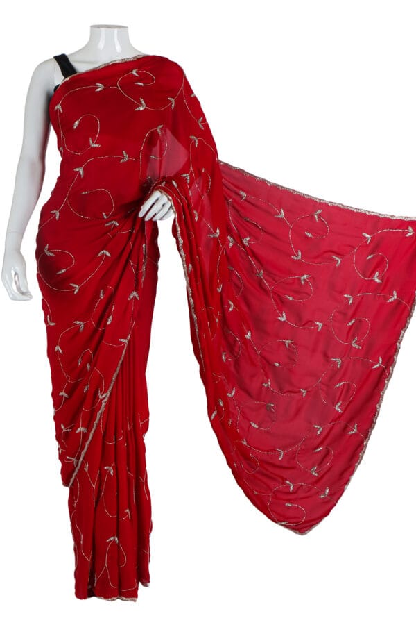 Red Silk Saree with Silver Embroidery