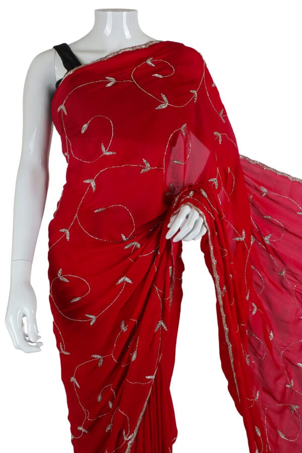 Red Silk Saree with Silver Embroidery