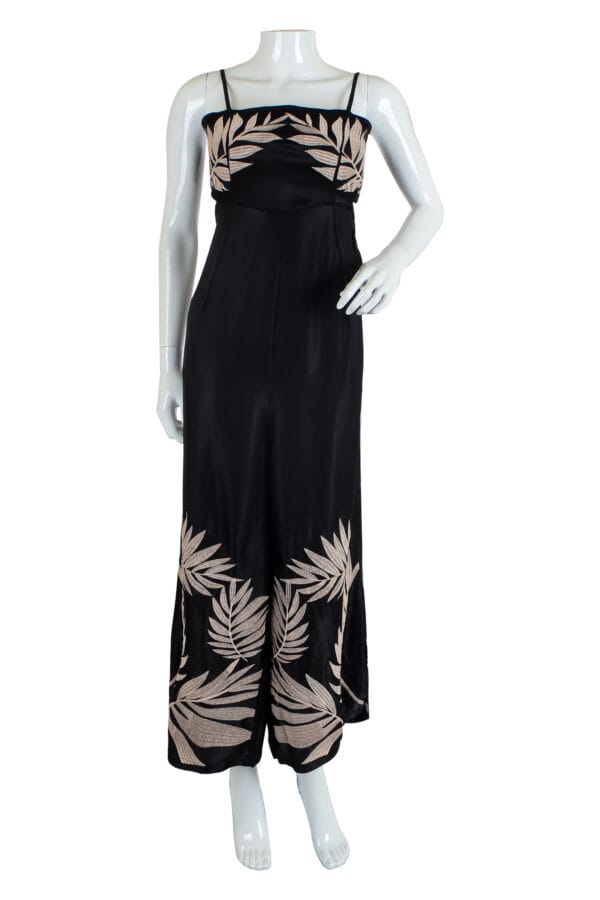 Black Satin Dress with Beige Leaf Patterns