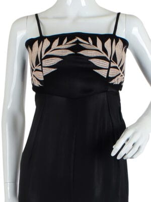 Black Satin Dress with Beige Leaf Patterns