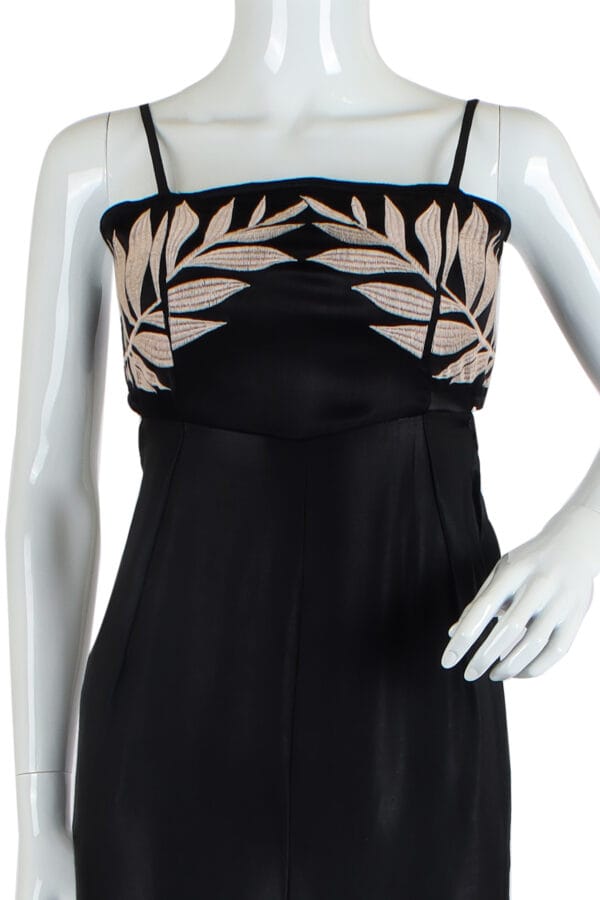 Black Satin Dress with Beige Leaf Patterns