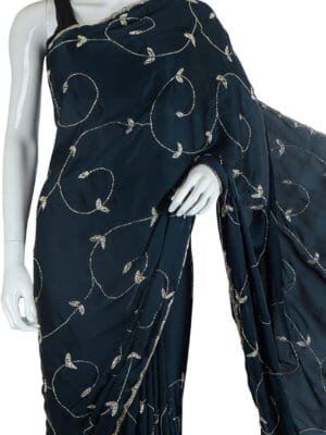 Elegant Navy Blue Embroidered Saree with Silver Leaf Motifs