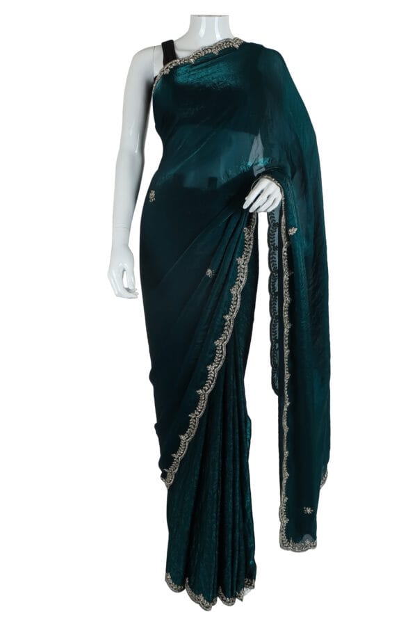 Dark Teal Silk Saree with Silver Embroidery