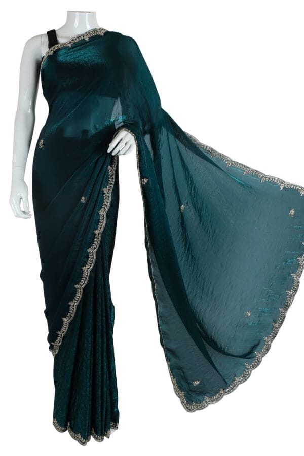 Dark Teal Silk Saree with Silver Embroidery