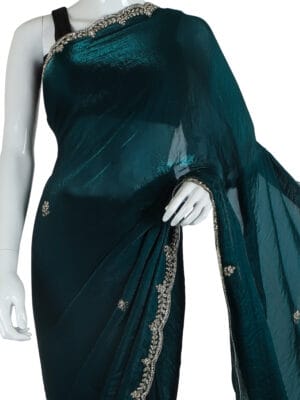 Dark Teal Silk Saree with Silver Embroidery