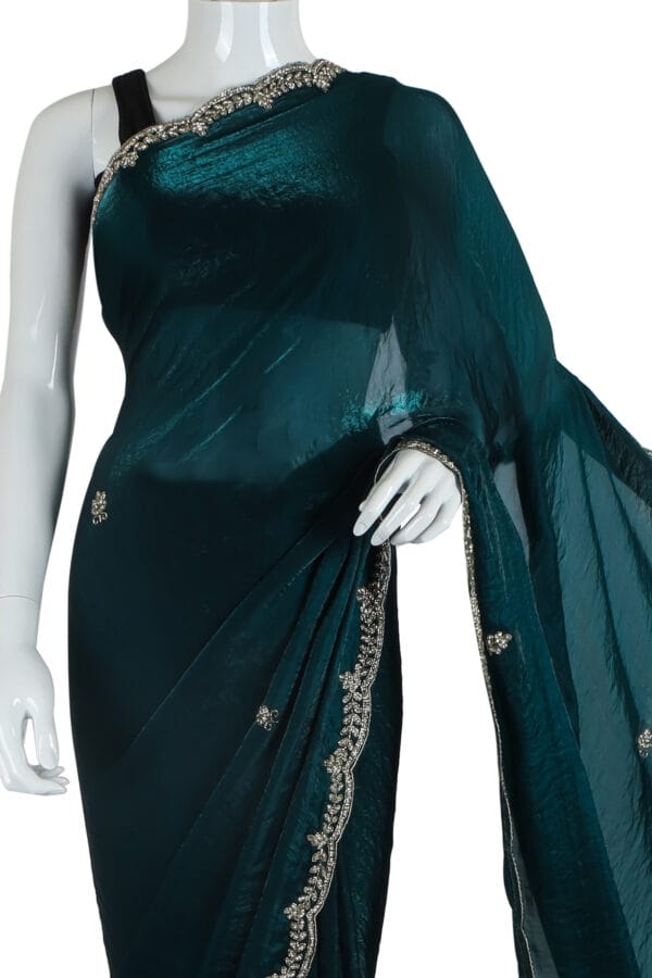 Dark Teal Silk Saree with Silver Embroidery